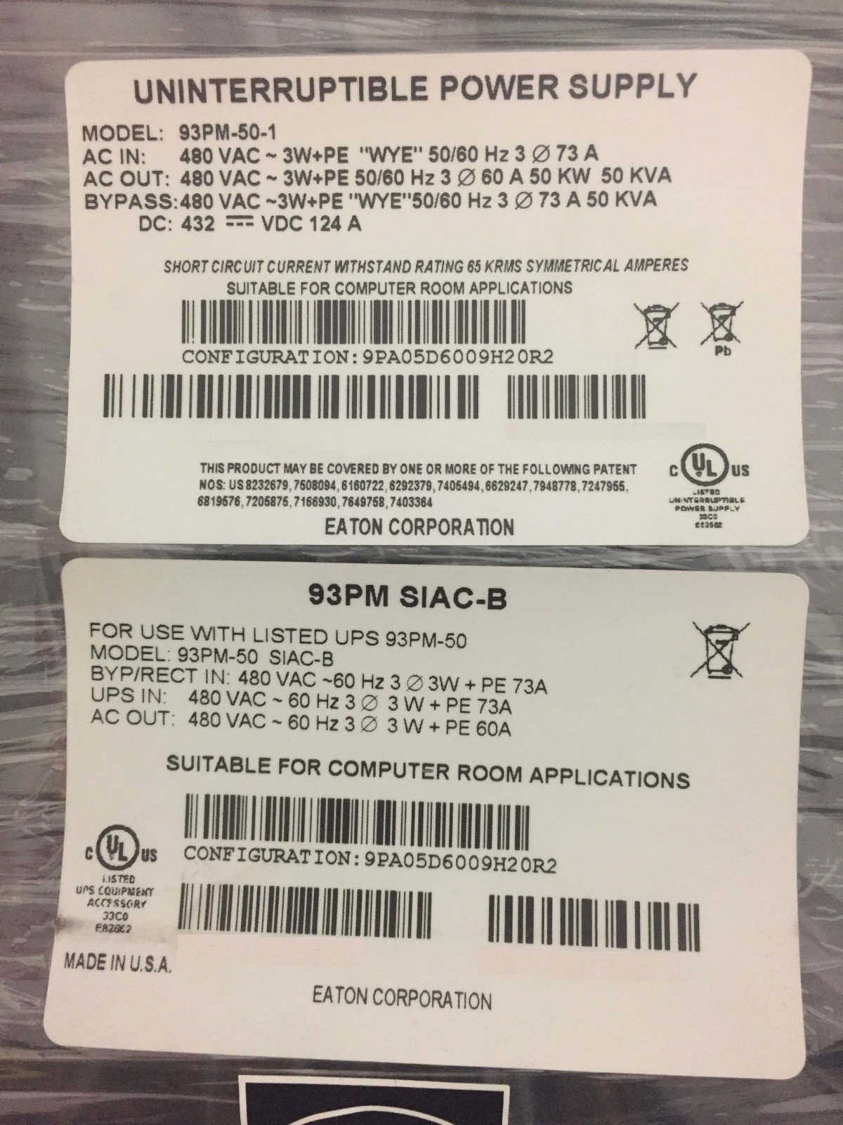 Eaton 93PM -50-1  50KW 480/480V 9PA05D6009H20R2 UPS with  93pm SIAC B included
