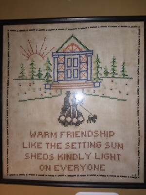 Antique Framed Cross Stitch Welcome Guests 1920s Sampler Art Original