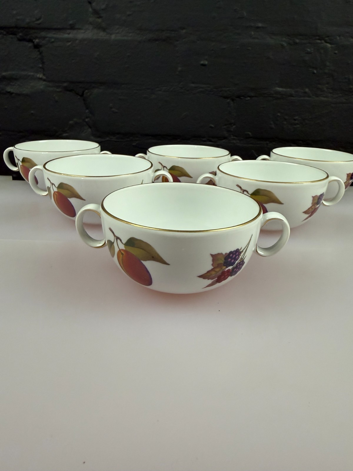 Royal Worcester Evesham Gold Soup Coupe Handled Bowls Set of 6