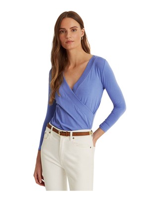 

RALPH LAUREN Женский синий топ с длинными рукавами и рюшами на вырезе горловины  RALPH LAUREN