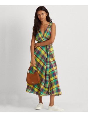 

RALPH LAUREN Женское желтое клетчатое платье с запахом и поясом на подкладке, Желтый