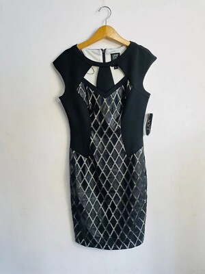 JAX Black Geometric Sheer Overlay Cocktail Dress Size 10 12 Bodycon Cutout T9