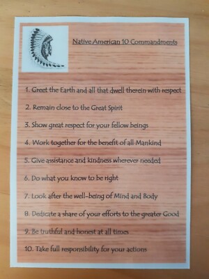 Native American Indian laminated A6, 10 Commandments  Prayer Saying Blessing