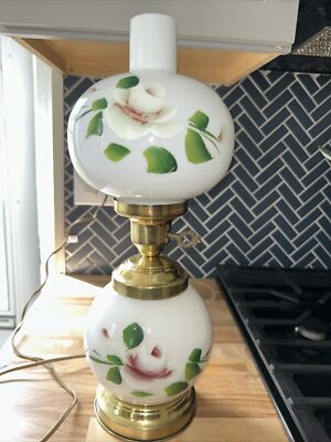 Vintage Gone With The Wind Lamp 2 Round Globes Milk Glass With Pink Flowers