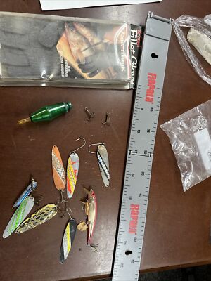 Lot 9 FIshing Spoons Lures Trolling, Rapala Folding Ruler, Fillet Gloves & Lews