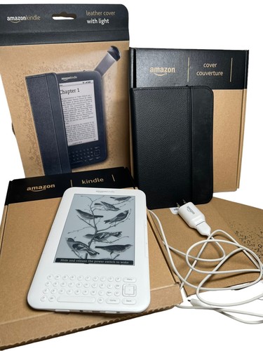 Amazon Kindle Keyboard White D00901 Charger Black Leather Lighted Case Box