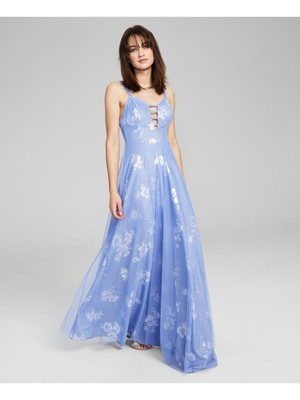 CITY STUDIO Womens Blue Strappy Lined Sleeveless Gown Dress Juniors 1