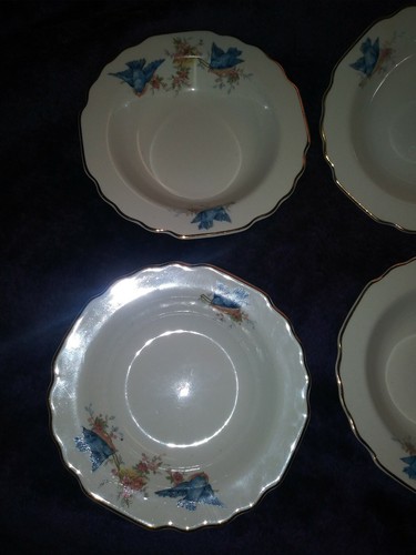lot 4 Berry Dessert Bowls RARE W S George derwood Beautiful Blue Bird Gold Trim