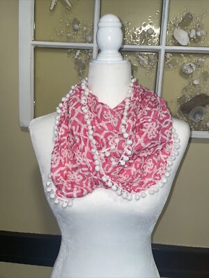 Talbots Pink & White Infinity  Scarf NWOT White Tassel Balls