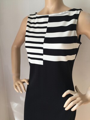 Pre-owned St John Knit Dress Size 4 Black Caviar & Cream Milano Knit Wool Rayon In Black & Cream