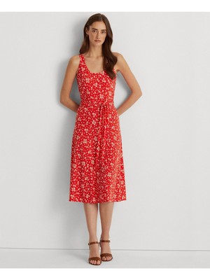 

RALPH LAUREN Женское красное платье трапециевидной формы без рукавов с круглым вырезом и поясом RALPH LAUREN, Красный