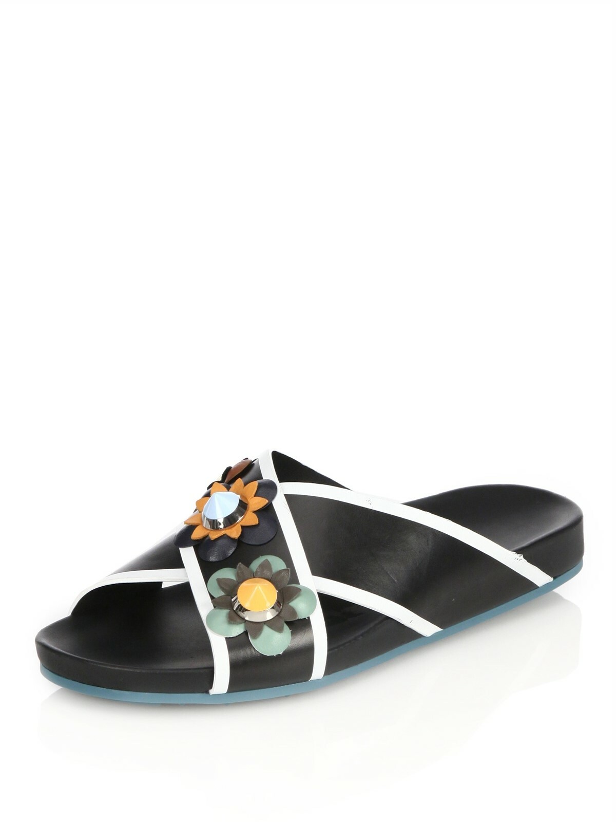 FENDI Flowerland Black Leather Slip On Crisscross Slides Sandals