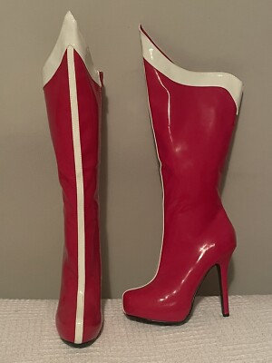Red White Knee High Super Girl Wonder Woman Cosplay Costume Platform Boots  8