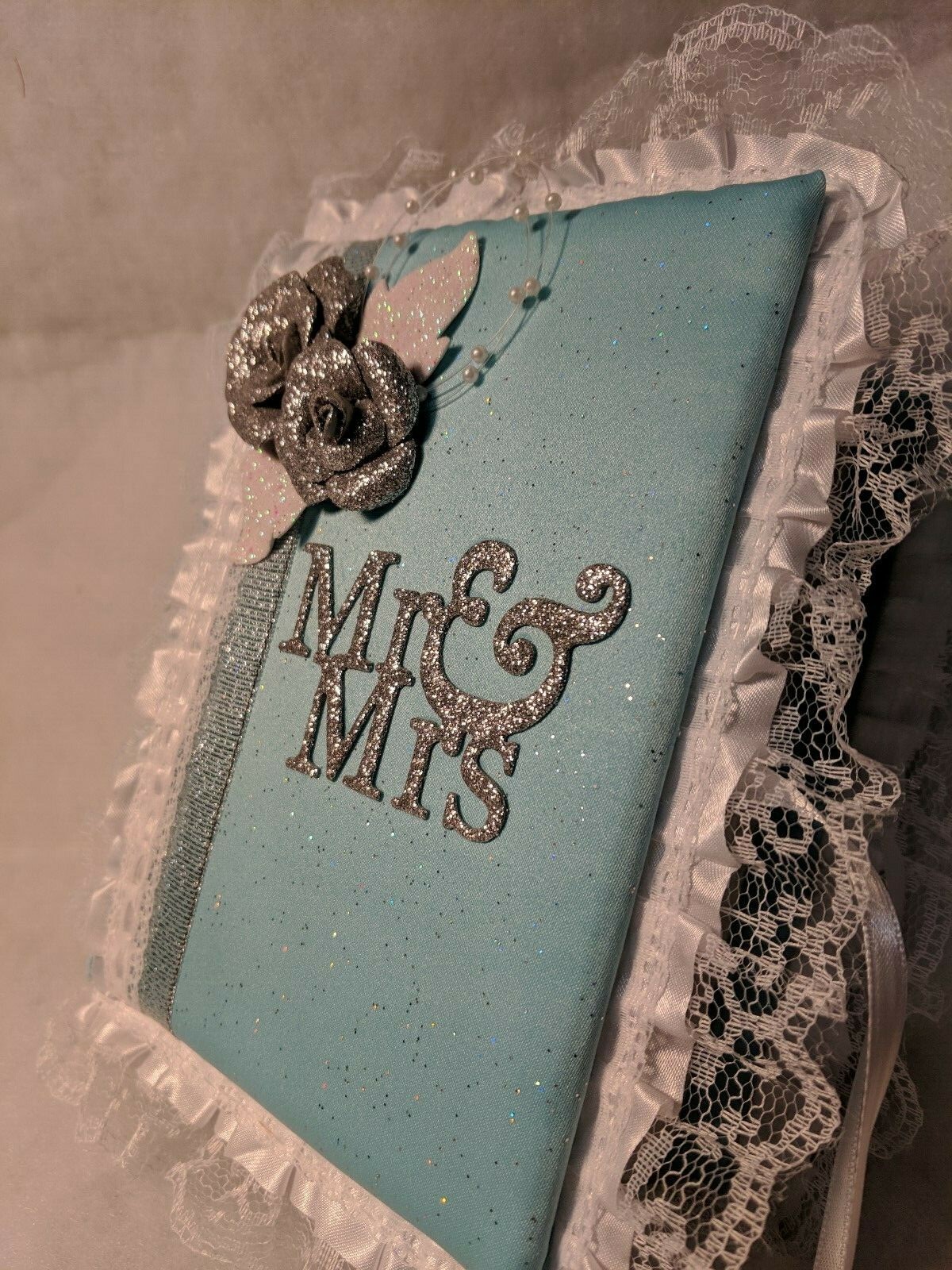 Wedding Photo Album, Sky Blue with Silver Sparkle Satin Wedding Album, Custom