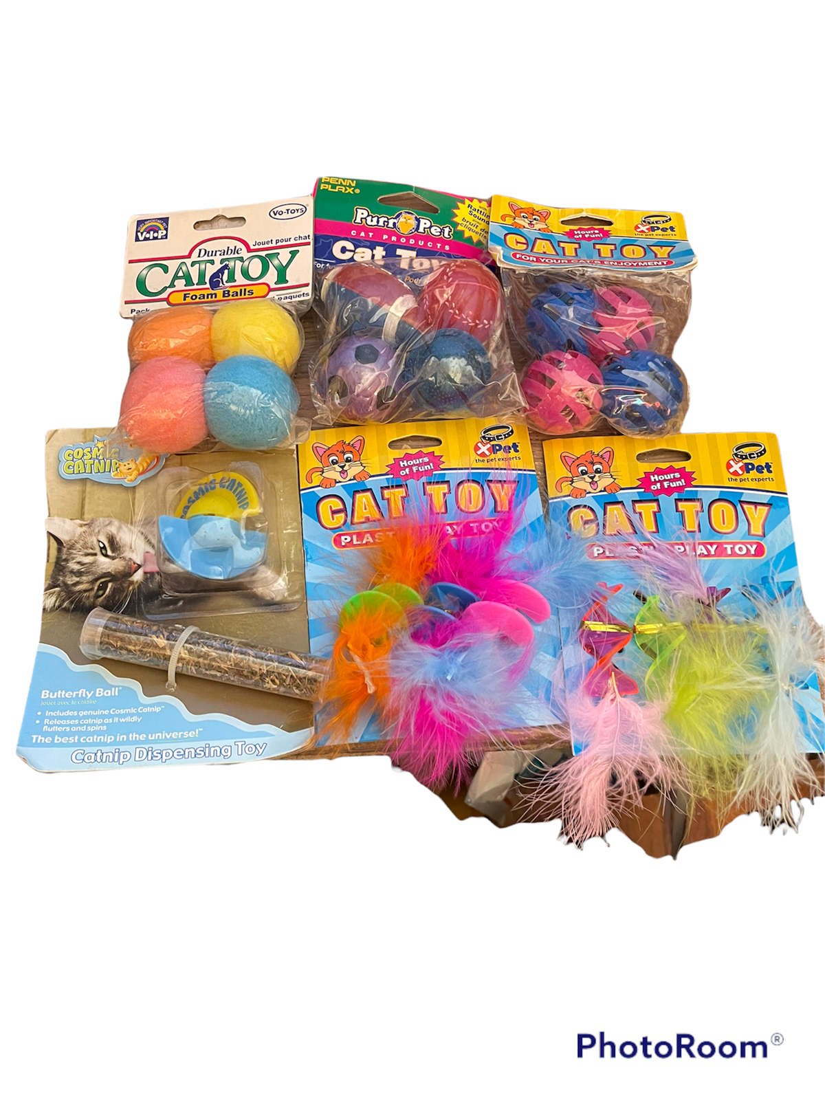 Vo-Toys Cosmic Penn Plax VALUE Feather Ball LOT Plastic Spirals Spinners Cat Toy