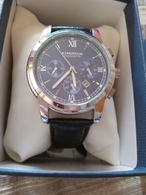 Mens Waterproof Watch NIB Kingnous Chronometer Blue Face Steel Leather Date Dads