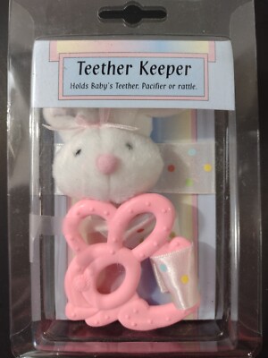 Bunny baby teether keeper and pink teething ring