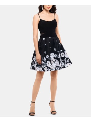 XSCAPE Womens Black Spaghetti Strap V Neck Mini Formal Fit + Flare Dress 0