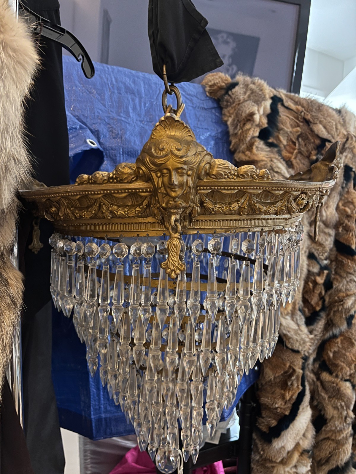 Antique, gorgeous bronze & Crystal Chandelier w/Figural Faces & Hanging Prisms