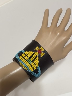 Vtg Vivienne Westwood Anglomania Brown Leather Beaded Orb Logo Cuff Bracelet