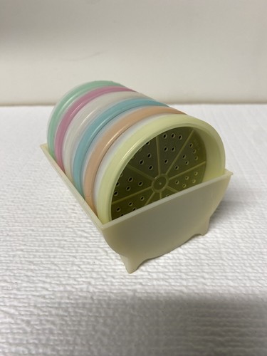 Vtg Tupperware Coaster Drink Set Of 6 Multi Pastel Color Wagon Wheel With Holder