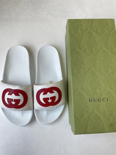 GUCCI Womens Pursuit Slides White Red Leather GG Logo Flip