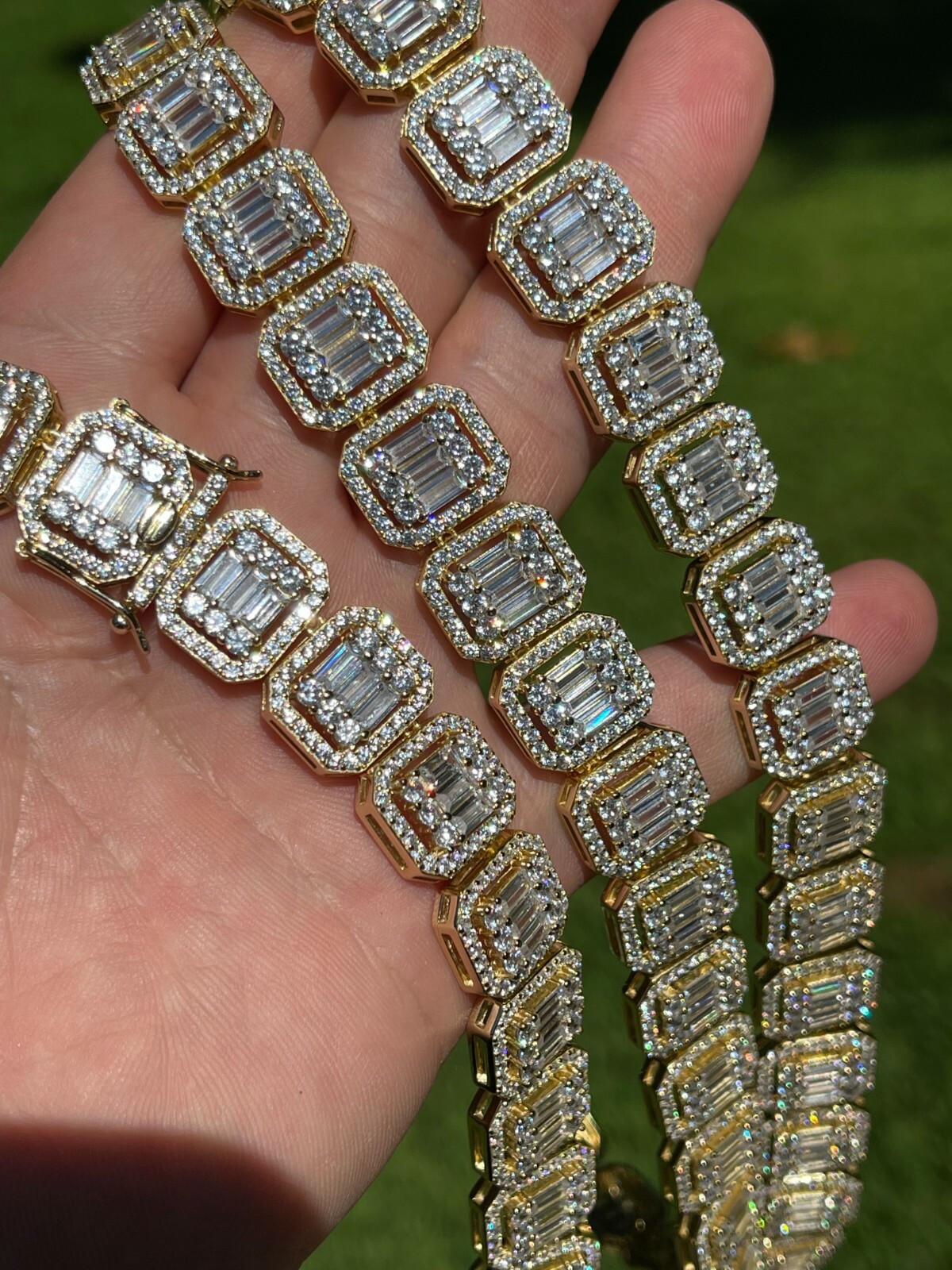 Pre-owned Silver 14k Gold Plated Real 925  Baguette Chain 15mm Men's Iced Cz Necklace