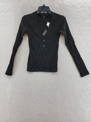 Monrow Ribbed V Neck Henley Tee Women's Small Black L/S Quarter Button Placket