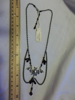Gothic Silver VAMPIRE Bat BLOOD Red CREEPY Halloween Medieval Black Necklace