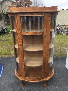 Antique Oak Bow Front Clawfoot Carved Wood Stained Glass Curio Cabinet