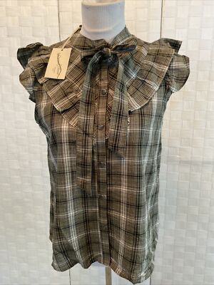 Universal Threads Women's Size XS Green White Plaid Button-up Ruffled Casual Top