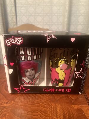 PINT Drinking GLASS GREASE Movie Pink Ladies Glassware Set Lot of 2 BRAND NEW