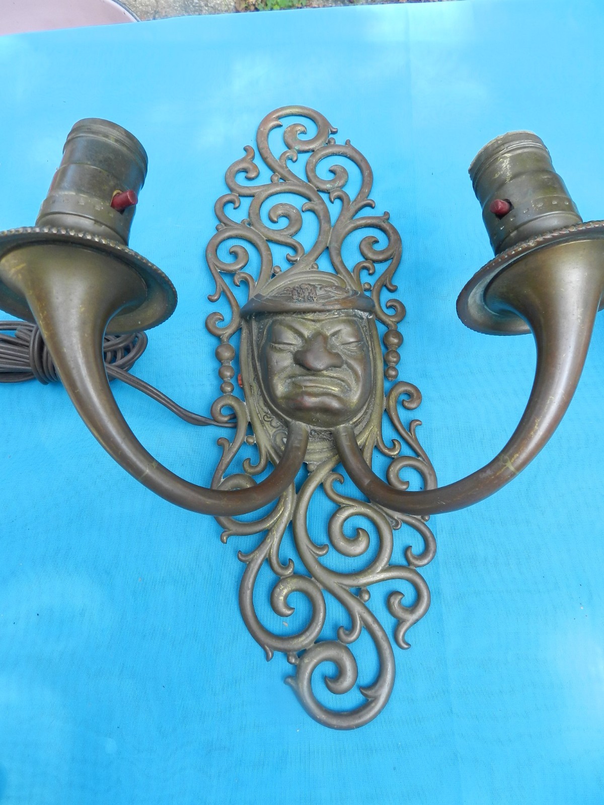 Unique Pair of 18C Antique Wall Sconces - Bronze Monk on Brass Scrolled Base