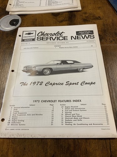 Chevrolet Service News Brochure Bulletin October 1971 Information On 72 Models