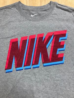 Nike Shirt Mens Large Black Regular Fit Small 3D Red Blue Spell Out Swoosh Gray