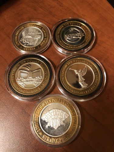 LOT OF 5 LAS VEGAS CASINO SILVER STRIKE 999 FINE SILVER $10 GAMING TOKENS