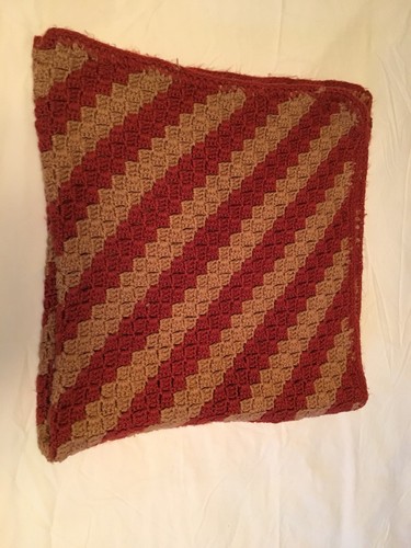 Vintage Crocheted Afghan Throw Autumn Fall Colors 36x38 Brown TanDiagonal Stripe