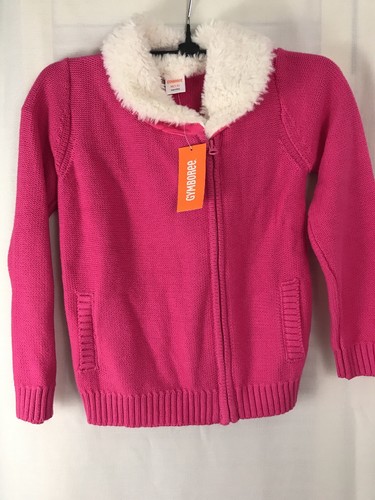 Gymboree Sweater Girls Size 7-8 Pink Zip Up Faux white Fur Hot Pink Gift