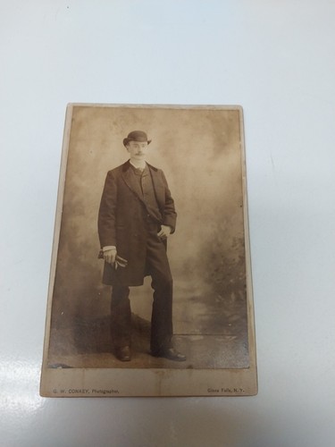 GAY INTEREST Cabinet Card: Handsome Man Hat Gloves Posing Glens Falls NY Conkey