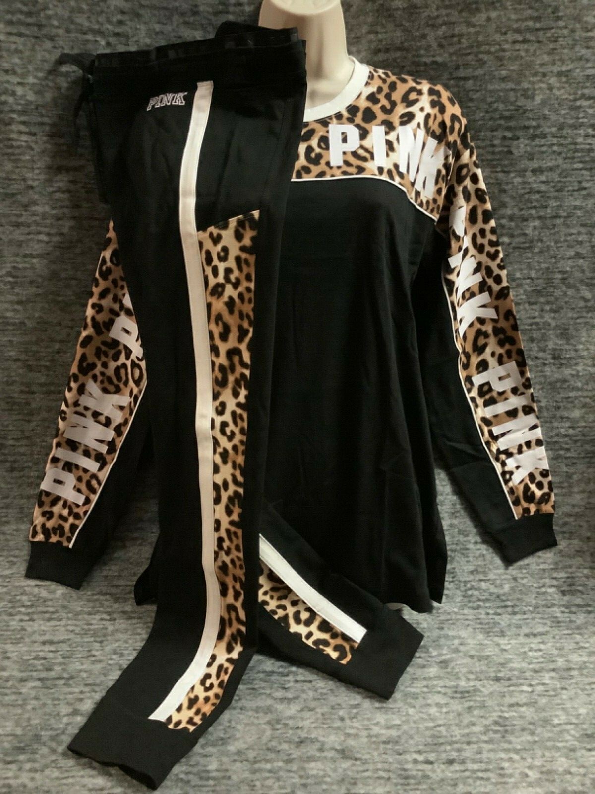 Pre-owned Victoria's Secret Pink Campus Tee Shirt + Leggings Set Black Leopard M L Nip