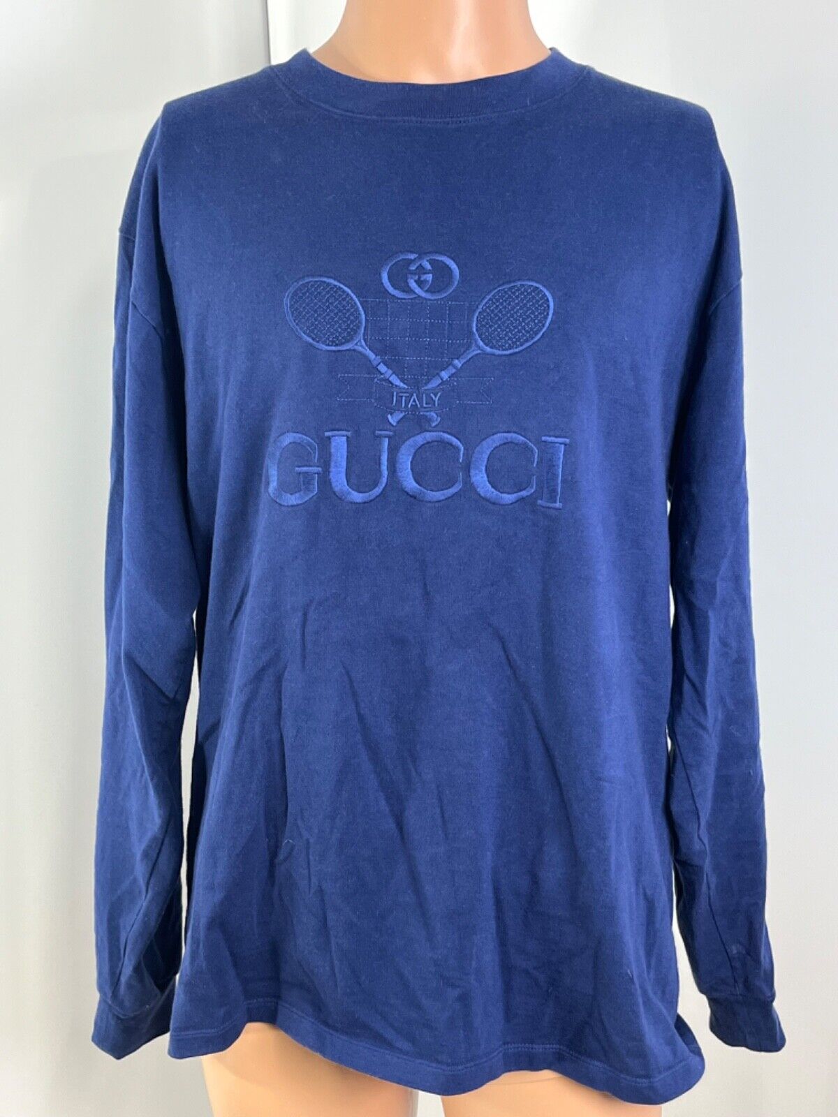Original Gucci Blue Cotton Embroidered Tennis Logo Oversized Original Gucci Blue Cotton Embroidered Tennis Logo Oversized
