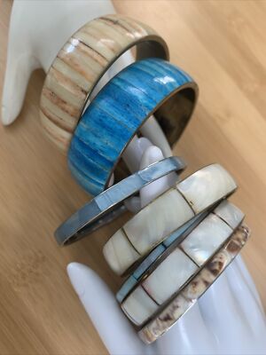 Bohemian Mother Of Pearl Mosaic Bangle Bracelet Lot Of 7 Various Colors
