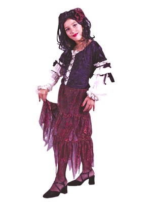 Halloween Girls Gypsy Dress Peasant Sleeves Rose Print Skirt Costume Small 4-6