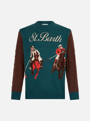Pre-owned Mc2 Saint Barth Man Crewneck Donegal Sweater With Polo Jacquard Print In Green