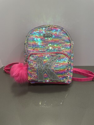 Justice Iridescent Sequin Mini Backpack Initial K Hot pink Pom Pom