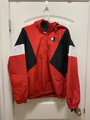 New Champion Stadium Anorak Parka Black Red Pullover Hooded Jacket Size Medium