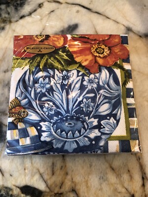 MacKenzie-Childs Ming Poppy Paper Cocktail Napkins Royal Check/Stripe