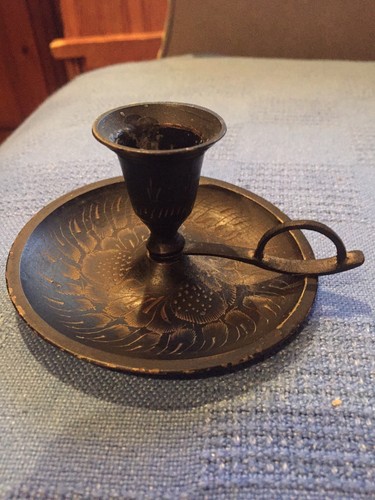 Tin/Toleware Candle Stick Holder With Finger Loop. Hand Painted.