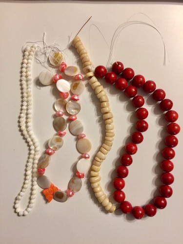 Red Coral, Shell, Freshwater Pearl Natural- 4 Strand, Mix Size, Shape