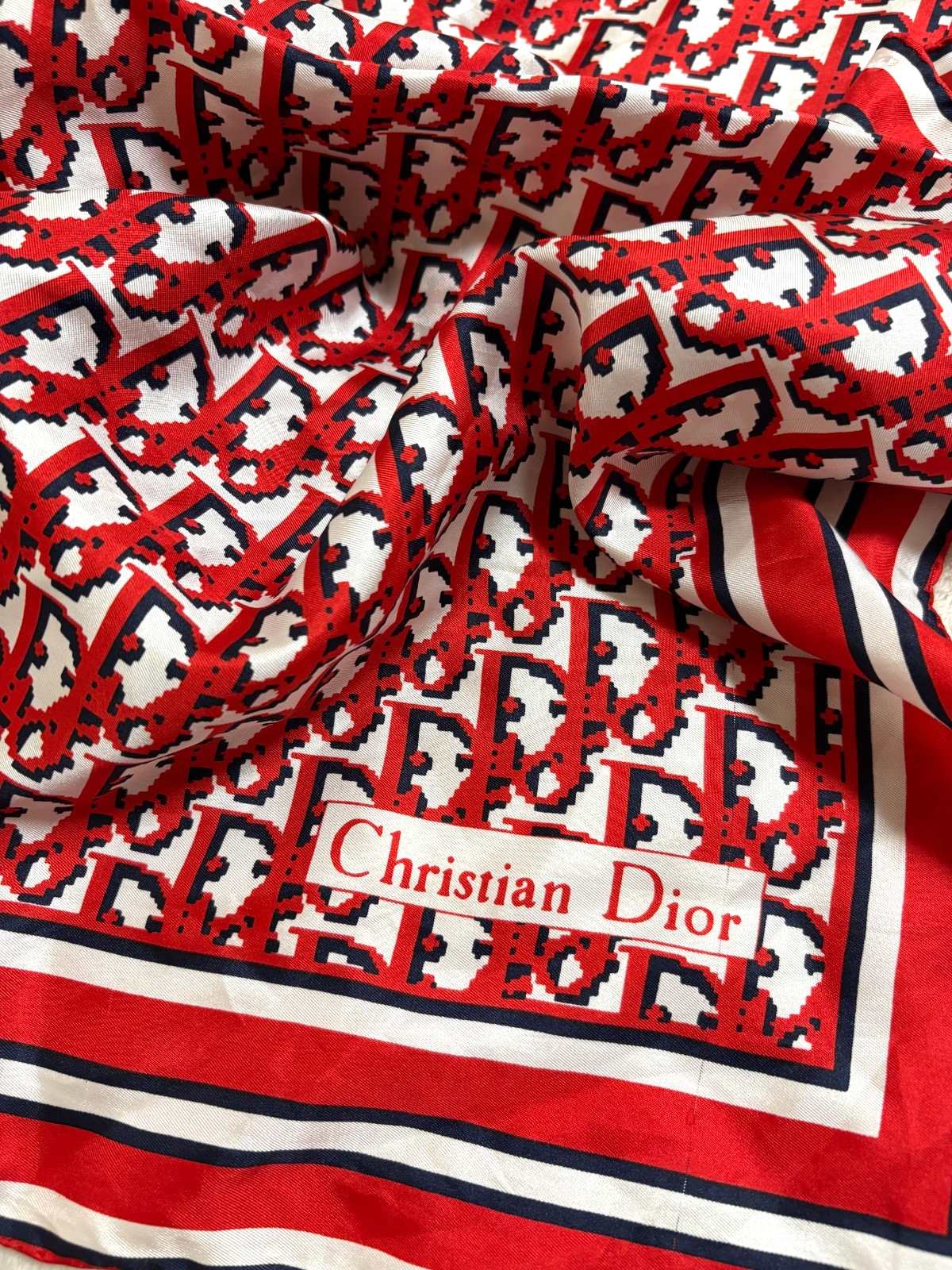 Christian Dior Silk Scarf Trotter Monogram Logo Pattern Red
